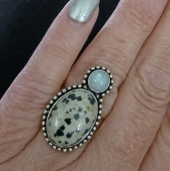 Dalmation Jasper and Moonstone, Sterling Plated, Size 7 - Picture 1 of 5